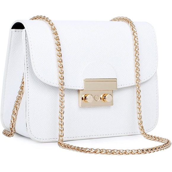 Ivory pebbled leather crossbody bag on long gold chain shoulder  strap - Picture 10 of 14